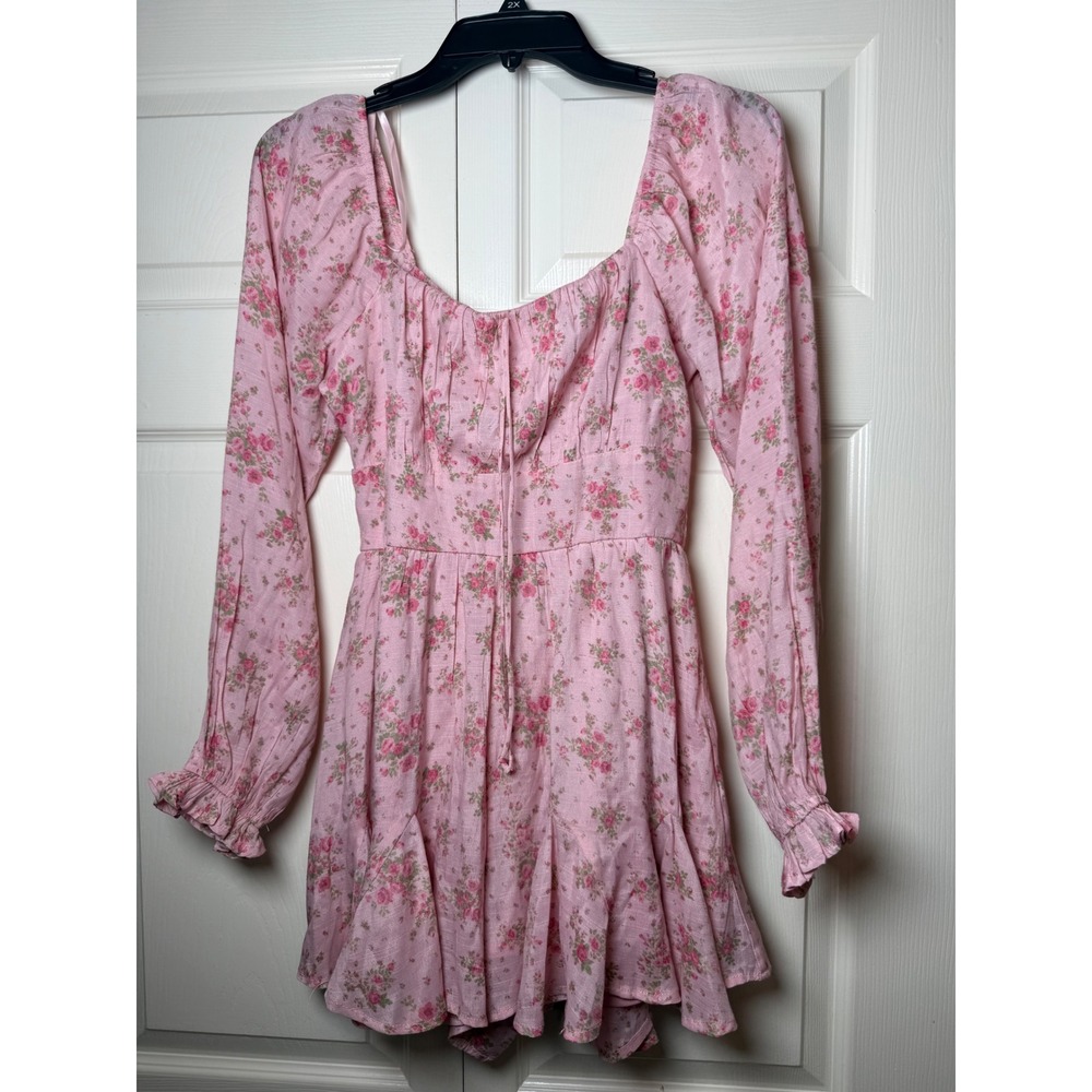 Trixx Pink Floral Long Sleeve Romper Cottagecore Square Neck Rose Print S